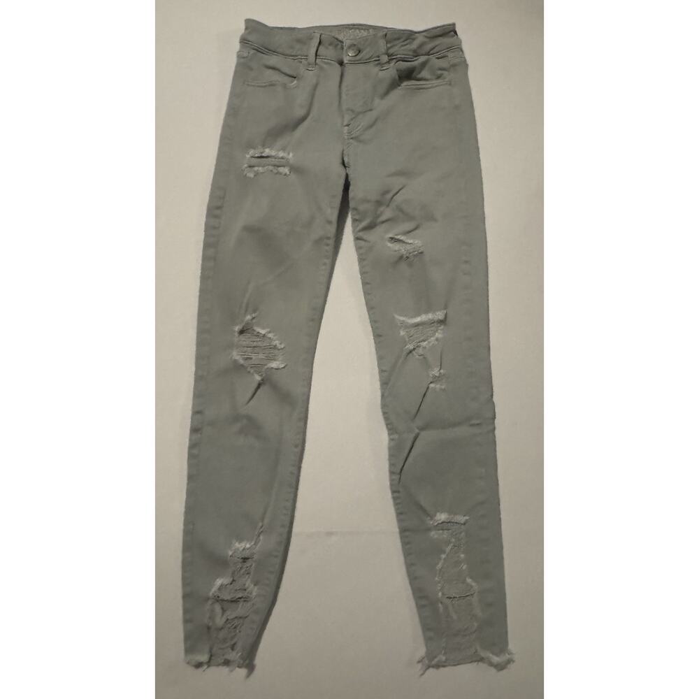 American Eagle Skinny Jeans Womens 6 Super Stretch Distressed Olive Raw Hem